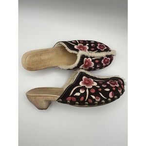Prada Car Shoe Clog Women 7.5 37.5 Black Shearling Floral Embroidered Italy Boho